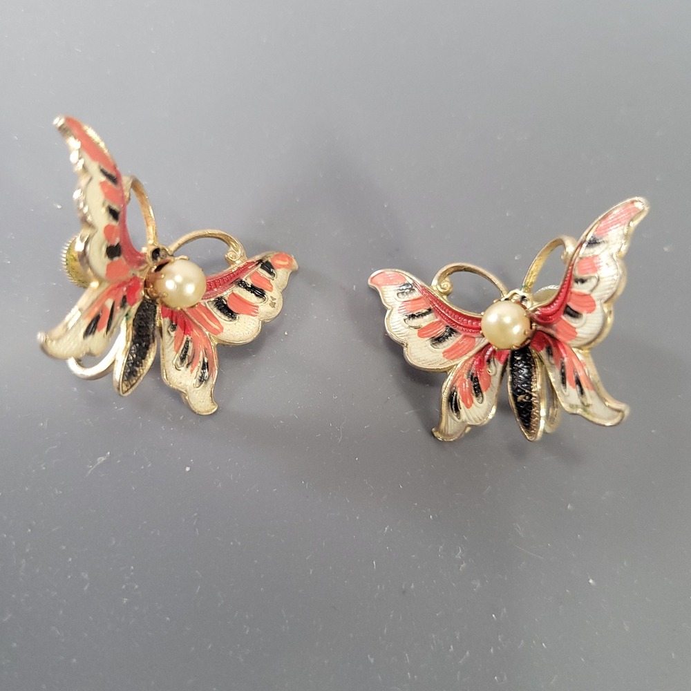 Vintage Coro Enamel Butterfly Earrings Faux Pearl Screw Back Gold Tone Red Black